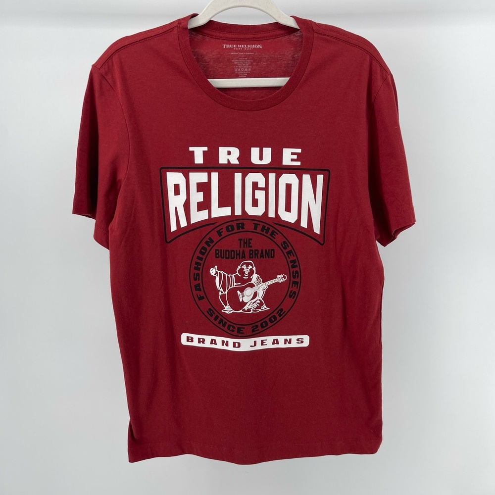 True Religion Buddha Graphic Crewneck Tee in Red Dahlia, NWT, Men's Medium